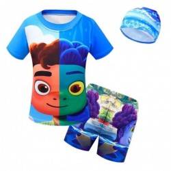 Size is 2T-3T(100cm) Cosplay Luca Print 2 Pieces Swimsuits Short Sleeves Beach Swimwear With Cap 3 Sets 5T-13T For Boys