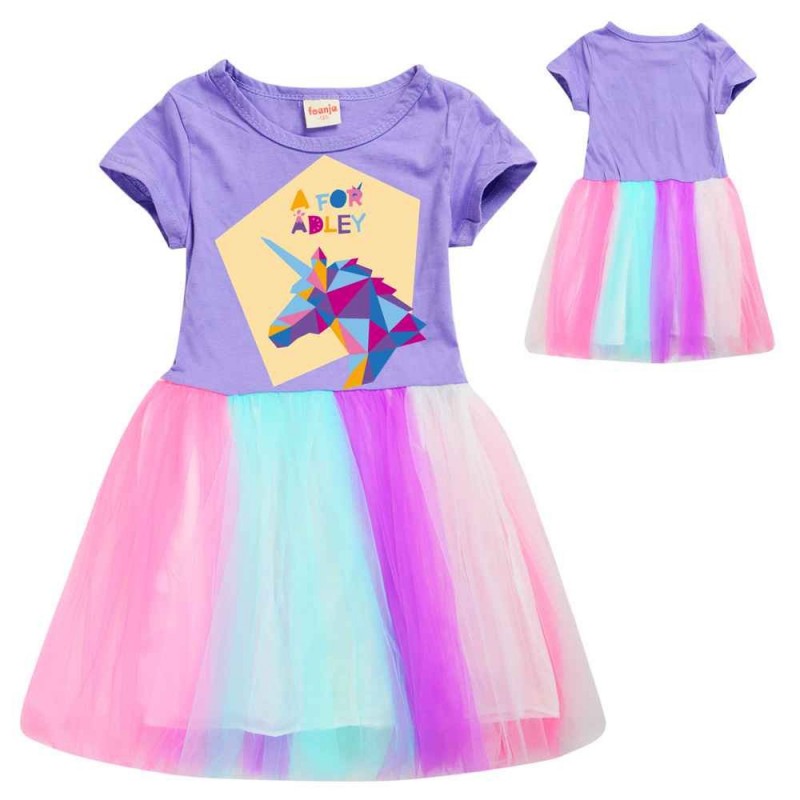 Girl's Knitted cotton Unicorn flying sleeve rainbow net princess dress 