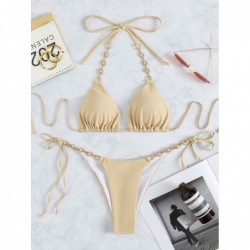 Size is S Sexy Adult Women Pearl Halter Bikini 2 Pieces High Waisted Tie Side Swimsuits Yellow Milk S-XL