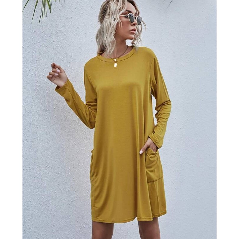Color is 3 Long Sleeve Loose Midi T Shirt Dress With Pockets Yellow For Women