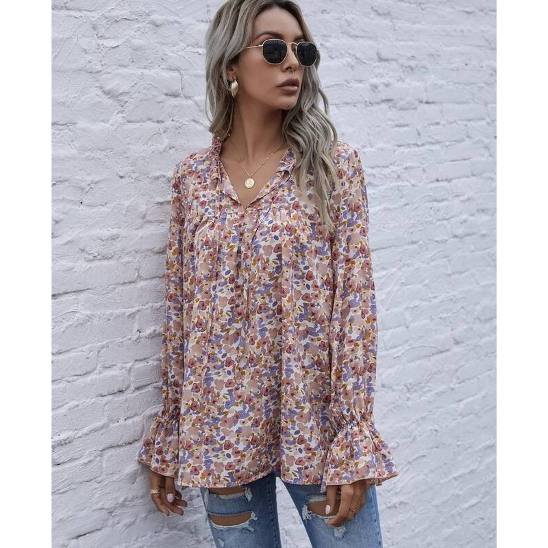 Color is 3 Bell Sleeve Floral Print Shirt Blouses Tops For Women