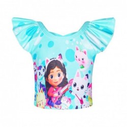 Size is 2T-3T(100cm) gabby's dollhouse Print For Little Girls 2 Piece Swimsuits Ruffle Sleeves Tops Triangle Bottom
