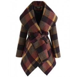 Size is S Plaid Winter Belted Wrap Woolen Irregular Coat Outwear For Womens