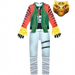 Size is 5T-6T(120cm) Cosplay Fortnite Tiger Costumes Jumpsuit Zipper Back Halloween For Kids 5T-12T With Mask