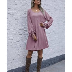 Size is S Half Button Tie Long Sleeve Waffle Knit Flare Midi Dress For Women