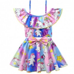 Size is 2T-3T(100cm) For Little Girls Unicorn Print 2 pieces purple Swimsuits Ruffle Off Shoulder Bowknot Front Swimwear