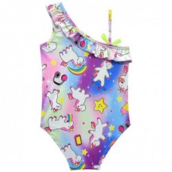 Size is 2T-3T(100cm) For Little Girls 1 Piece purple Unicorn Print Ruffle One Shoulder Strap Solid Scoop Neck Swimsuits