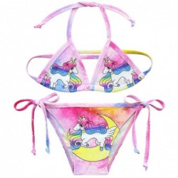 Size is 2T-3T(100cm) Unicorn Print Halter Triangle Top pink 2 pieces Bikini Tie Side Bottom For Little Girls