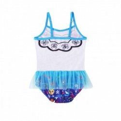 Size is 2T-3T(100cm) Encanto Mirabel Print 1 Piece Swimsuits For Little Girls Shoulder Strap Tulle Mesh Bottom With Cap
