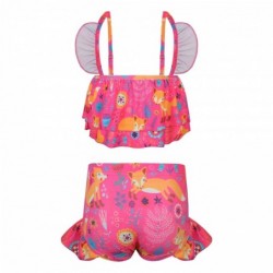 Size is 2T-3T(100cm) Fox Cartoon 2 pieces Swimsuits For Girls Ruffle Shoulder Strap Ruffle Bottom 2T-8T