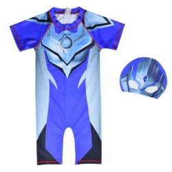 Size is 2T-3T(100cm) Cosplay Blue Ultraman 1 Piece With Cap Short Sleeves Swimsuits Zipper Back For Kids Boy