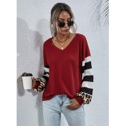 Size is S V-neck  knitted blended Stripe Leopard Contrast long-sleeved T-shirt casual printing mid-length Sweater