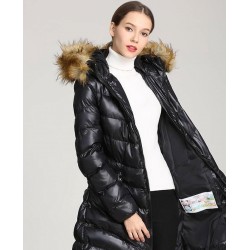 Size is S Winter Hooded Long Shiny Bubble Puffer Jacket Balck For Women
