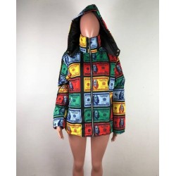 Size is S Puffer Jacket Coats Hundred Dollar Bills Print Winter Polo For Women