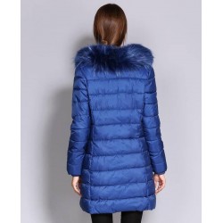 Size is S Blue Faux Fur Hooded Long Bubble Puffer Jacket For Women