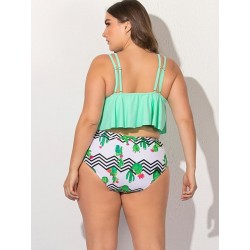 Size is L Plus Size Ruffle Crop Top High Waist 2 Piece Bathing Suit Green