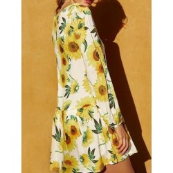 Size is S Sunflower Women Long Sleeve Drawstring Print Mini Dress Yellow