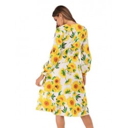 Size is OneSize Sunflower Women Long Sleeve Tie Front Print Midi Dress Yellow