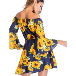 Size is S Sunflower Bohemian Off The Shoulder Drawstring Mini Dress Blue