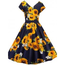 Size is S Sunflower Vintage V Neck Flare Summer Midi Dress Dark Blue