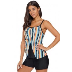 Size is S Backless Sleeveless Rainbow Striped Color Block Swimsuit Top Blu