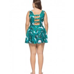 Size is 1XL Plus Size Lace Up Palm Leaf Cut Out Swimdress With Shorts