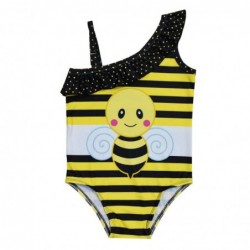 Size is 2T-3T(100cm) yellow bumble bee swimsuit For girls 1 pieces Ruffle one Shoulder with cap