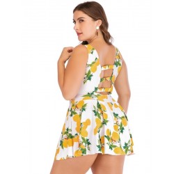 Size is 1XL Plus Size Lace Up Lemon Print Cut Out Swimdress With Shorts