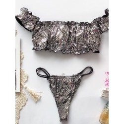 Size is OneSize Bikini Bottom Sexy High Shine Snake Off The Shoulder Top Thong