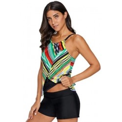 Size is S Backless Sleeveless Rainbow Striped Wrap Over Swimsuit Top Green