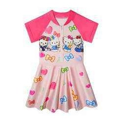 Size is 2T-3T(100cm) Hello Kitty pink 1 piece Swimsuits for girls Short Sleeves dress swim Zipper Front