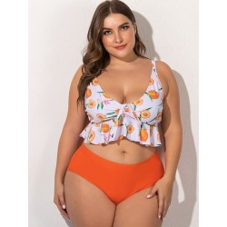 Size is L Plus Size Ruffle Peach Print Tankinis Two Piece Bathing Suits