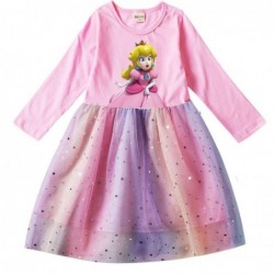 Size is 2T-3T(100cm) For girls Princess Peach Long Sleeve dress Tulle Mesh rainbow 1 Piece autumn Outfits