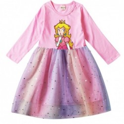 Size is 2T-3T(100cm) Princess Peach Long Sleeve dress For girls Tulle Mesh rainbow 1 Piece autumn Outfits