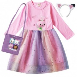 Size is 2T-3T(100cm) gabby's dollhouse kitty fairy Long Sleeve dress For girls Tulle Mesh rainbow with Hair band