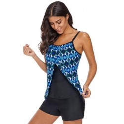 Size is S Backless Sleeveless Patchwork Geometrical Print Swimsuit Top Blu