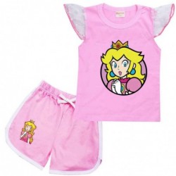 Size is 2T-3T(100cm) Princess Peach Flutter Sleeve Shirt And Short Sets For kids girls Summer Outfits pink