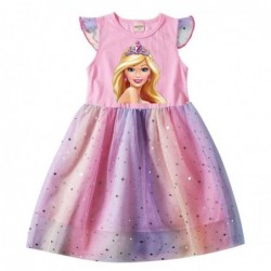 Size is 2T-3T(100cm) Barbie pink girls summer Dresses Tulle Mesh Flutter Sleeve 1 pieces birthday gift