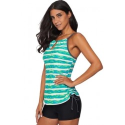 Size is S Cinched Cut Out Color Striped Tankini Set Green