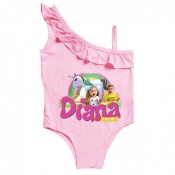 Size is 2T-3T(100cm) Diana and Roma 1 Piece girls swimwear Ruffle One Shoulder Swimsuit with cap