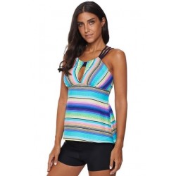 Size is S Two-Piece Tankini Set Criss Cross Print Cut Out Blue