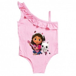Size is 2T-3T(100cm) Gabby's Dollhouse Girls' 1 Piece Swimsuit Ruffle One Shoulder Swimsuit with cap