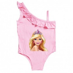 Size is 2T-3T(100cm) pink Barbie 1 Piece girls Swimsuit Ruffle One Shoulder Swimsuit High Waisted with cap