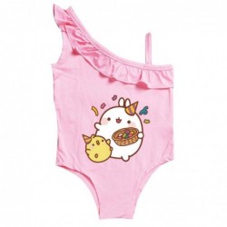 Size is 2T-3T(100cm) Cute Molang 1 Piece girls swimwear Ruffle One Shoulder Swimsuit with cap