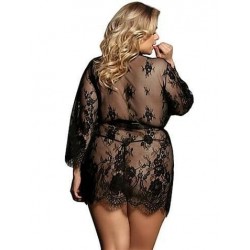 Size is M Sheer Trim Lace Robe With Belt Plus Size Black