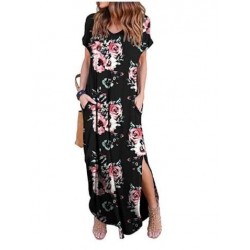Size is S Sunflower Women Short Sleeve Pockets Slit Maxi Dress Black