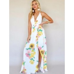 Size is S Sunflower Women Halter Deep V Neck Print Slit Maxi Dress White