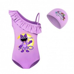Size is 2T-3T(100cm) Smiling Critters swimsuit 1 Piece cute Swimsuit For girls Ruffle One Shoulder with cap