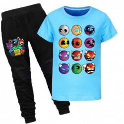 Size is 2T-3T(100cm) Geometry Dash Short Sleeve T-shirt Top and black Pants Set Summer Outfits for kids