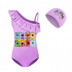 Size is 2T-3T(100cm) Smiling Critters swimsuit for girls 1 Piece Swimsuit Ruffle One Shoulder with cap